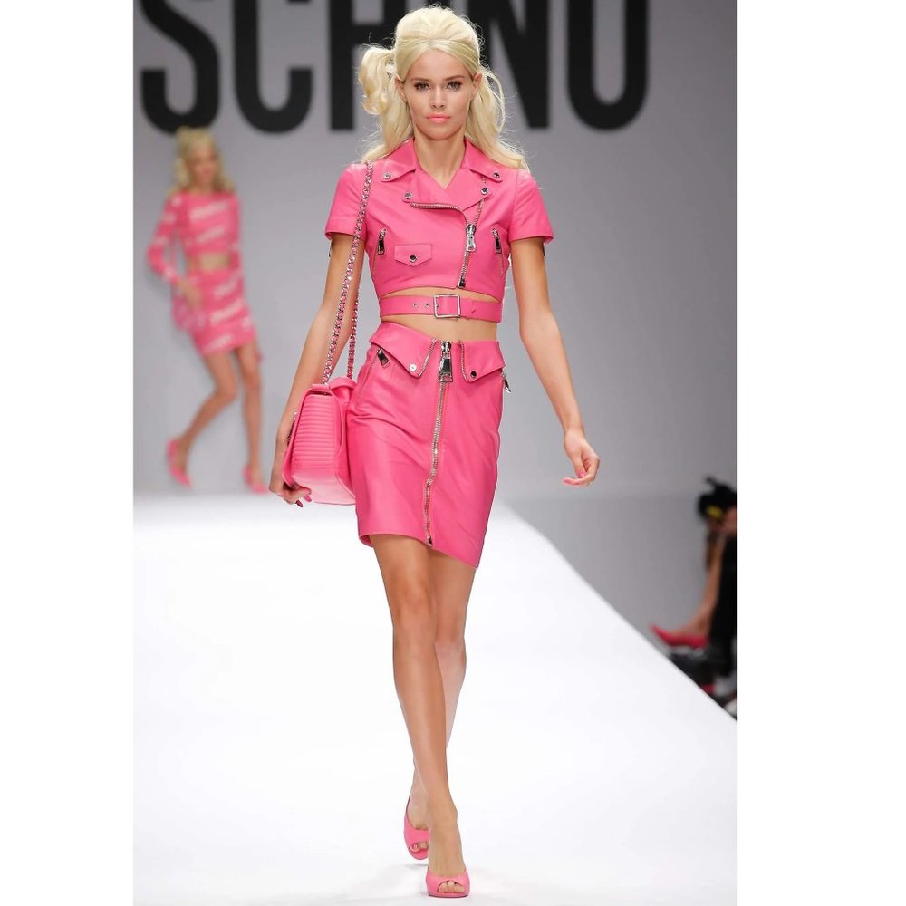 Moschino Pink Leather Barbie Jacket Biker Barbiecore Halloween Jeremy Scott 2015